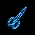 Neon icon of blue scissors isolated on black background. Beauty salon, manicure, pedicure, hairstyle, barber tool concept. Night Royalty Free Stock Photo