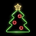 Neon icon of Christmas tree with with golden star and red balls isolated on black background Royalty Free Stock Photo