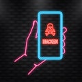 Neon Icon. Hacked, great design for any purposes. Internet technology. Cyber crime, hacker attack. Phishing scam.