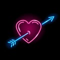 Neon icon of heart with arrow isolated on black background. Love, St. Valentine Day, lovestruck concept. Vector