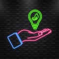 Neon Icon. Line art icon with green ecology lamp in hand on light background. Innovation technology.