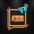 Neon Icon. Megaphone banner with attention please sign. Vector illustration. Royalty Free Stock Photo