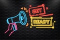 Neon Icon. Megaphone blue banner with get ready sign. Vector illustration Royalty Free Stock Photo