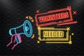 Neon Icon. Megaphone blue banner with volunteers needed sign. Vector illustration