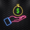 Neon Icon. Money bag in hand, great design for any purposes. Flat design vector illustration. Royalty Free Stock Photo