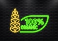 Neon Icon. 100 percent organic label. green eco badge. Sticker. Vector illustration Royalty Free Stock Photo