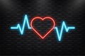 Neon Icon. Red heart with heartbeat diagram symbol.