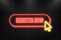 Neon Icon. Red register now label in modern style on white background. Banner promotion. Click button. Sticker design Royalty Free Stock Photo