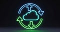 Neon Cloud Sync Icon with Upload and Download Arrows on Dark Background symbol technology Royalty Free Stock Photo