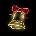 Neon icon of ringing bell with red bow isolated on black background. Christmas, alarm, sound, call, signal concept