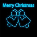 Neon icon of ringing bell with red bow isolated on black background. Christmas, alarm, sound, call, signal concept.