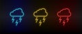 Neon icon set rain, energy, lighting. Set of red, blue, yellow neon vector icon
