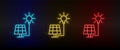 Neon icon set solar, charger, sun. Set of red, blue, yellow neon vector icon