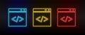Neon icon set website, internet, browser, code. Set of red, blue, yellow neon vector icon
