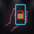 Neon Icon. Smartphone with downloaded file in cartoon style. Smartphone screen. Phone icon vector. Flat vector cartoon