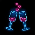 Neon icon of two wine glasses with hearts isolated on black background. Blue and pink colours. St. Valentine Day, dating Royalty Free Stock Photo