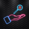 Neon Icon. Virus loupe icon in hand. Searching virus. Microbe icon. Cyber secure