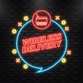 Neon Icon. Wireless delivery service badge. Fast time delivery order with car on white background. Vector illustration.