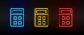 Neon icons, calculator. Set of red, blue, yellow neon vector icon