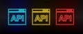 Neon icons. Database server ape. Set of red, blue, yellow neon vector icon