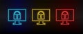 Neon icons. Database server clock monitor. Set of red, blue, yellow neon vector icon