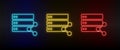 Neon icons. Database server share. Set of red, blue, yellow neon vector icon