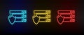 Neon icons. Database server shield. Set of red, blue, yellow neon vector icon