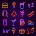 Neon icons. Glowing light for disco party. Night club or bar signs. Burger, pizza, cocktail, hand with phone and fashion