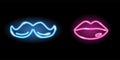 Neon icons of lips and moustache isolated on black background. Man and woman symbols. Signboards for bathrooms or other Royalty Free Stock Photo