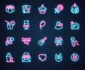 20 neon icons for music, holiday, romantic, birthday, party theme. Interface, setting and game ui ux element. Vector Royalty Free Stock Photo