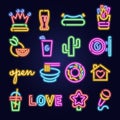 Neon icons set. Glowing signs. Bar light icons, casino cocktail and text, glow color shapes, retro night club art logo