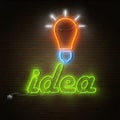 Neon Idea Text With Electricity Lightbulb.