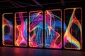 neon illuminated abstract shapes on glass wall