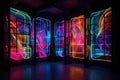 neon illuminated abstract shapes on glass wall