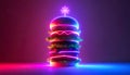 Neon illuminated burger on a neon background.