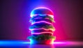 Neon illuminated burger on a neon background.