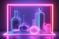 Neon illuminated glassware display in a modern setting at night