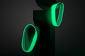Neon Green Rubber Bracelets on Abstract Figure On Dark Background. Elastic Wrist Bands With Empty Space. 3d Rendering