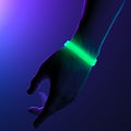 Neon Illuminated Green Rubber Bracelets on Hand On Dark Background. Elastic Wrist Bands With Empty Space. 3d Rendering