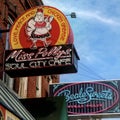 Neon Illuminated signs for Miss Pollys Soul City cafe, and Beale St Sugar Shack. Memphis, Tennessee, USA. September 2019.