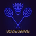 Neon illumination of badminton. Bright racket shuttlecock. Modern vector logo, icon, banner, shield, screen, image labels,