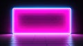 Ai, AI Generated Neon illustration with Brick wall room background with copy space. Empty luminous rectangular frame, scene