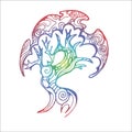 Color illustration of a bud walking tree on the roots. Tree of life with ornament.