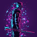 Neon illustration with modern design of a soldier skeleton holding a riffle. Conceptual art under UV lights