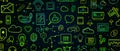 Neon illustration of social media and technology icons on dark background Royalty Free Stock Photo
