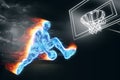 Neon image of a professional basketball player jumping with a ball. Creative collage, sports flyer. Basketball concept, sport,