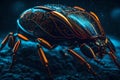 Neon Infestation: Close-Up of Hi-Tech Cyborg Insect with Glowing Metal Skin