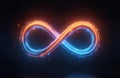 Neon infinity symbol glows in blue and orange light. Sparkles and particles trail along the endless loop against a dark backdrop. Royalty Free Stock Photo