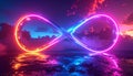 Glowing infinity symbol with neon pink and blue light on a wet, reflective surface at dusk Royalty Free Stock Photo