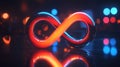This neon infinity symbol represents the concept of an endless loop, boundless potential, and futuristic ideas lit up in Royalty Free Stock Photo